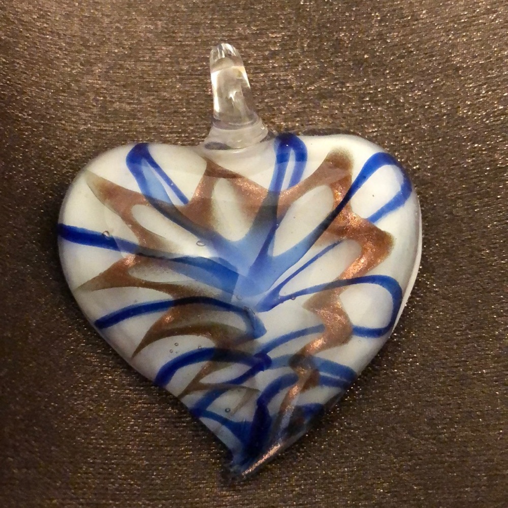 3/$20 Blue Copper & White Glass Heart Pendant NWOT